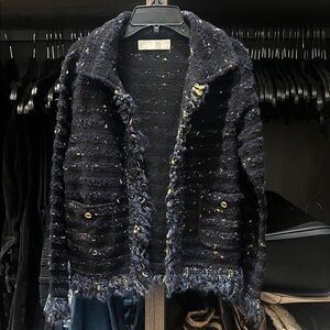 Girls Chic Navy Tweed Jacket with Multicolor Flecks, Fringe Trim Sz 9